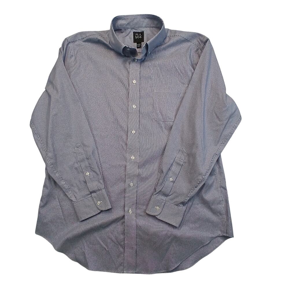 Jos A Bank Traveler Shirt Mens 17.5 35 Tailored Blue White Stripe